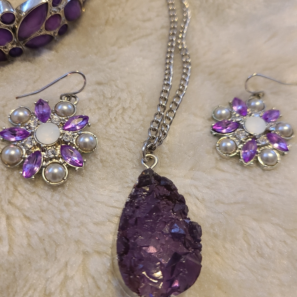 BOGO*  New Purple Stone necklace, purple earrings,  and s